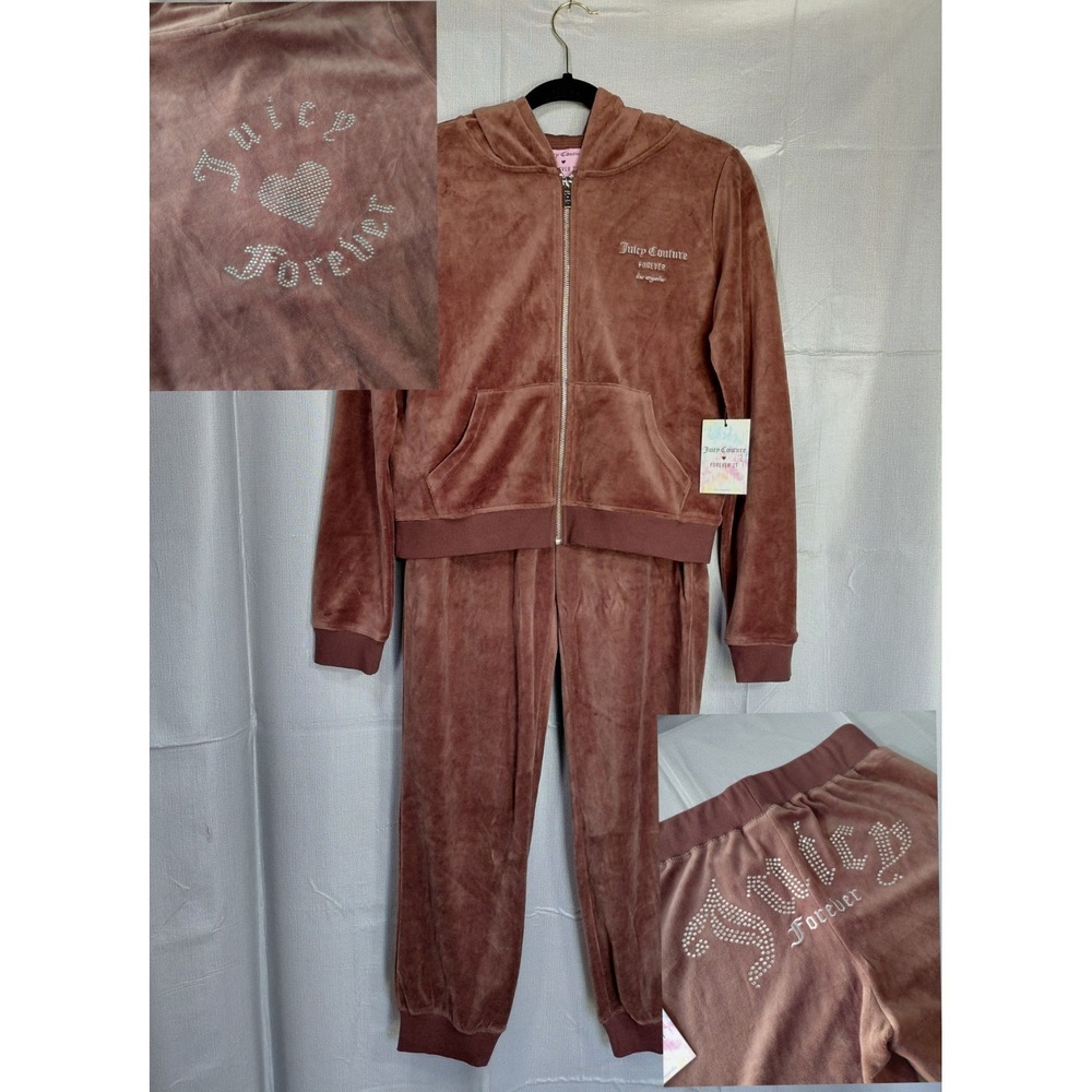 Juicy Couture Forever 21 Velour Tracksuit Women's LG Brown Rhinestone Script Y2K